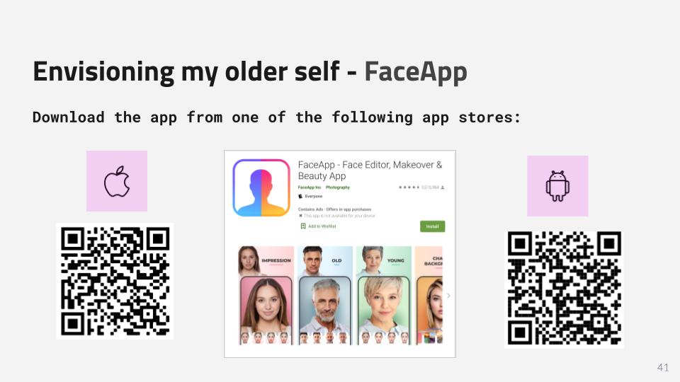 Download the FaceApp application by scanning one of the QR codes displayed on this image.
